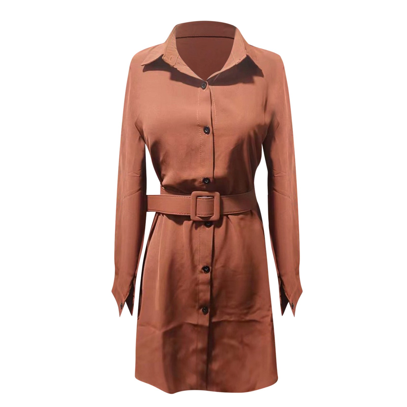 Vestido corto de otoño-invierno para mujer, manga larga, solapa, corte ajustado, estilo informal, tejido de poliéster suave y cómodo, color liso, corte holgado.
